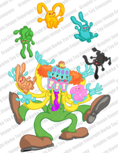 Load image into Gallery viewer, Barko the Clown Juggling Bunnies Graphic with Barko Toy Company Logo on Sleeve in White or Black