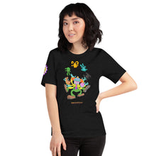 Load image into Gallery viewer, Barko the Clown Juggling Bunnies Graphic with Barko Toy Company Logo on Sleeve in White or Black