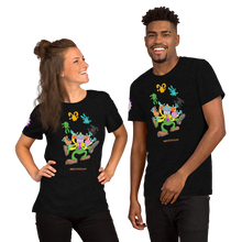 Load image into Gallery viewer, Barko the Clown Juggling Bunnies Graphic with Barko Toy Company Logo on Sleeve in White or Black